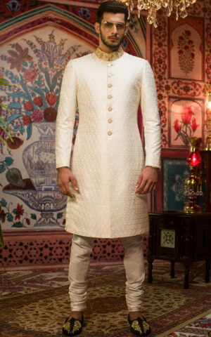 Pakistani Groom Dress in Classic White Sherwani Style