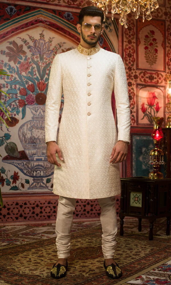 Pakistani Groom Dress in Classic White Sherwani Style