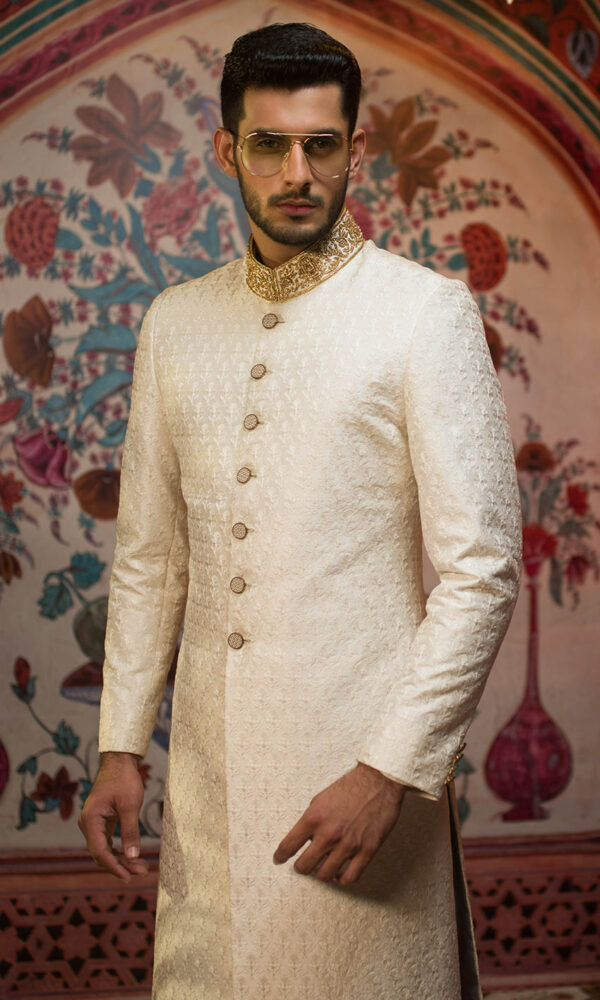 Pakistani Groom Dress in Classic White Sherwani Style Online