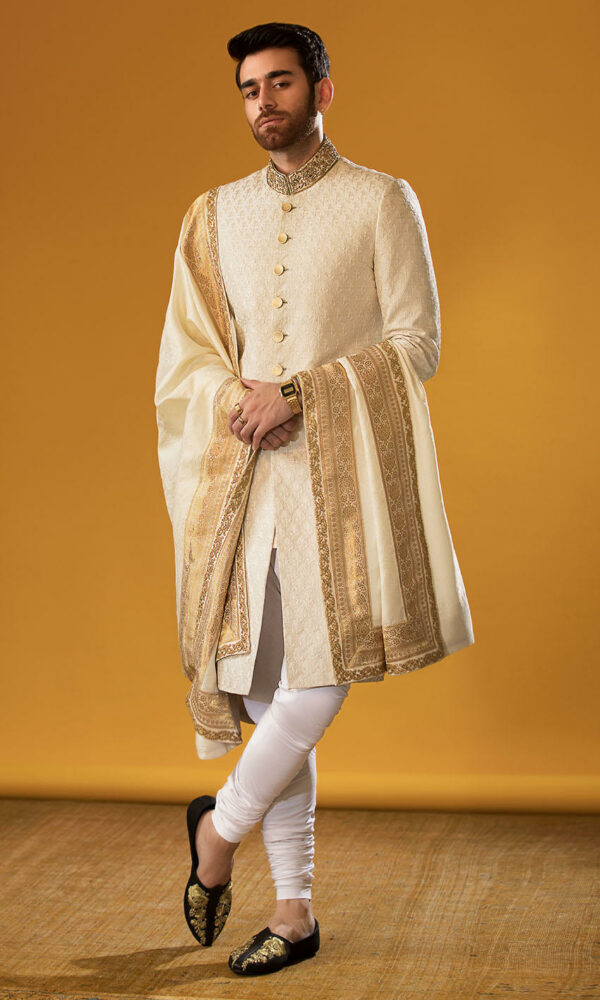 Pakistani Groom Dress in Embroidered Sherwani Style