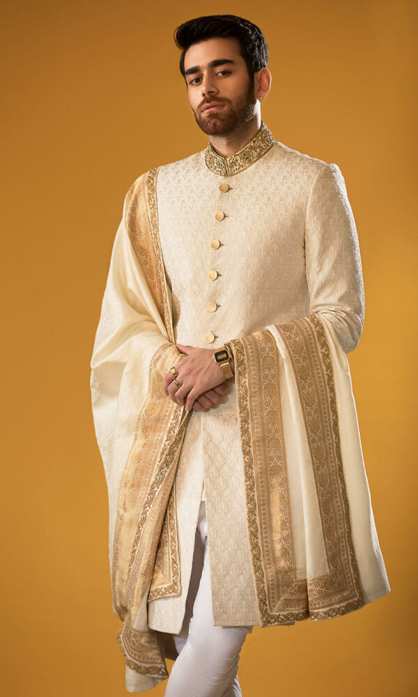 Pakistani Groom Dress in Embroidered Sherwani Style Online