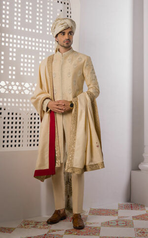 Pakistani Groom Dress in Gold Sherwani and Shawl Style Online