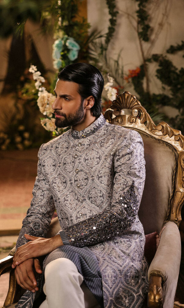 Pakistani Groom Dress in Grey Sherwani Style