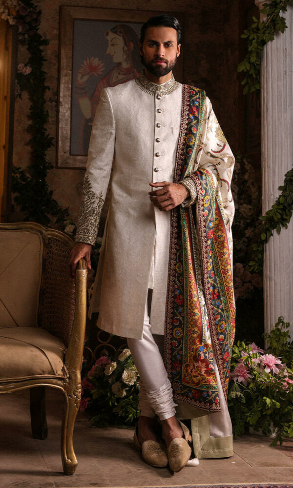 Pakistani Groom Dress in Ivory Sherwani Style