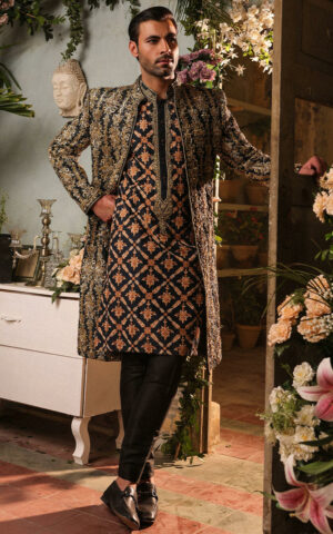 Pakistani Groom Dress in Raw Silk Black Sherwani Style