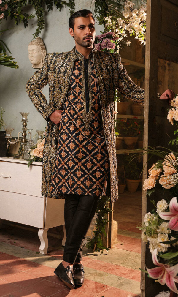 Pakistani Groom Dress in Raw Silk Black Sherwani Style