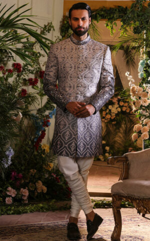 Pakistani Groom Dress in Raw Silk Grey Sherwani Style