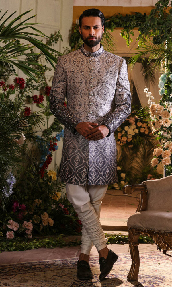 Pakistani Groom Dress in Raw Silk Grey Sherwani Style