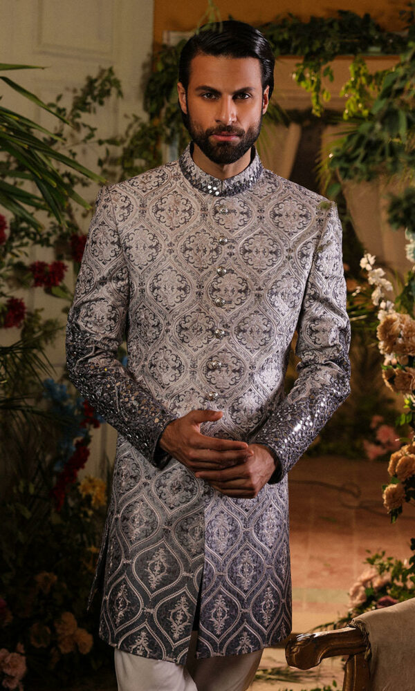 Pakistani Groom Dress in Raw Silk Grey Sherwani Style Online