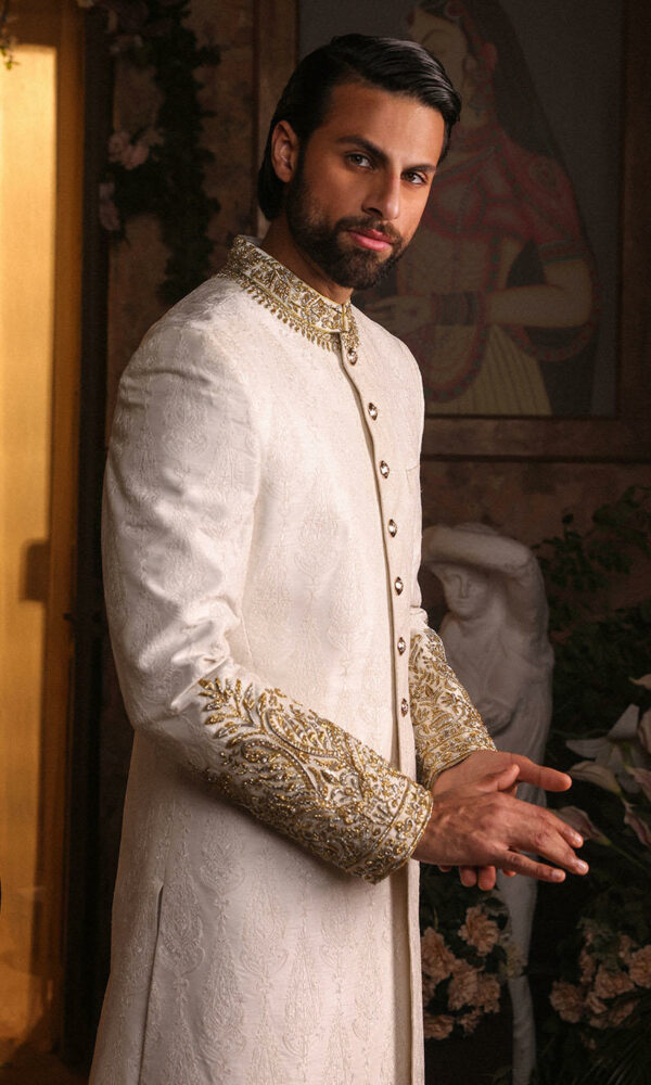 Pakistani Groom Dress in Raw Silk Ivory Sherwani Style Online