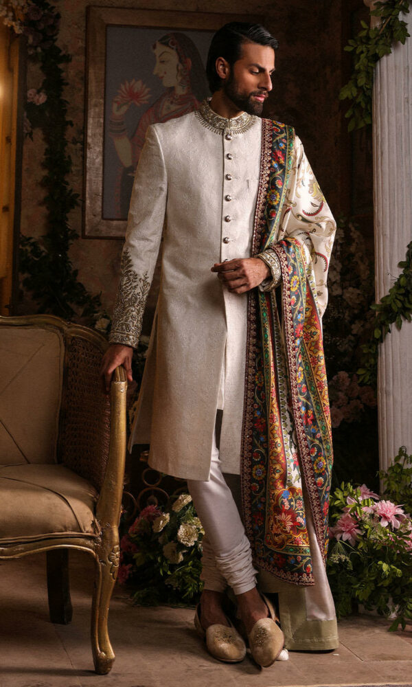 Pakistani Groom Dress in Raw Silk Ivory Sherwani with Shawl Style