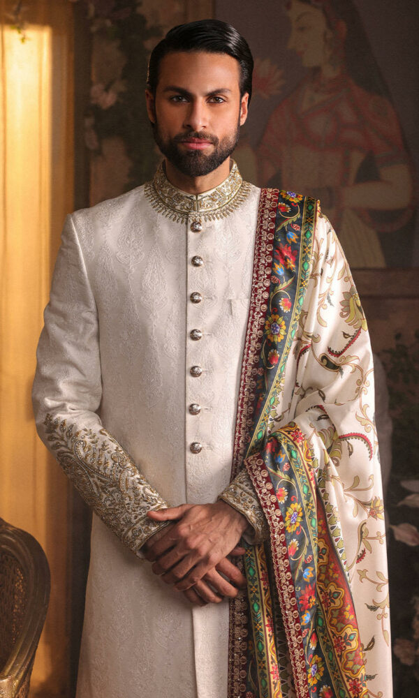 Pakistani Groom Dress in Raw Silk Sherwani Style