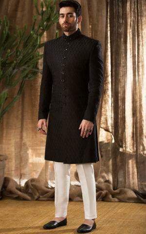 Pakistani Groom Dress in Royal Black Sherwani Style