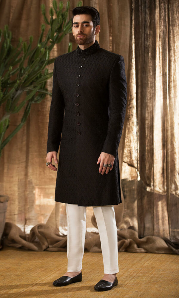 Pakistani Groom Dress in Royal Black Sherwani Style