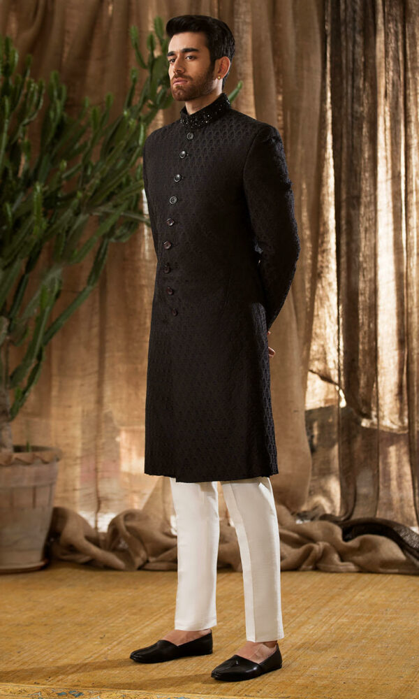 Pakistani Groom Dress in Royal Black Sherwani Style Online