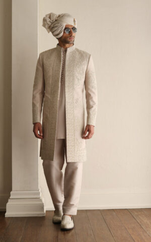 Pakistani Groom Sherwani in Ivory Shade Wedding Outfit