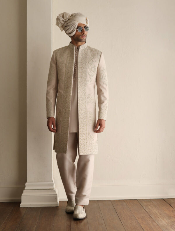 Pakistani Groom Sherwani in Ivory Shade Wedding Outfit