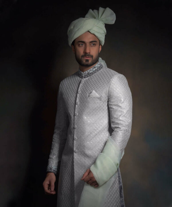 Pakistani Groom Wear Grey Silver Fitted Raw Silk Sherwani