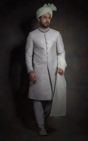 Pakistani Groom Wear Grey Silver Form-Fitted Raw Silk Sherwani