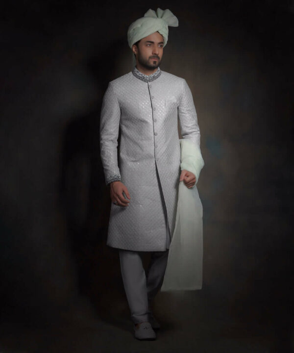 Pakistani Groom Wear Grey Silver Form-Fitted Raw Silk Sherwani