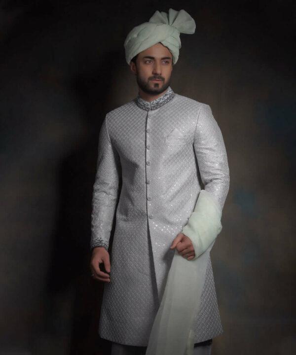 Pakistani Groom Wear Grey Silver Raw Silk Sherwani