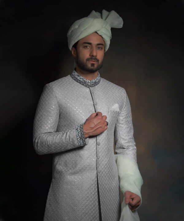 Pakistani Groom Wear Silver Form-Fitted Raw Silk Sherwani