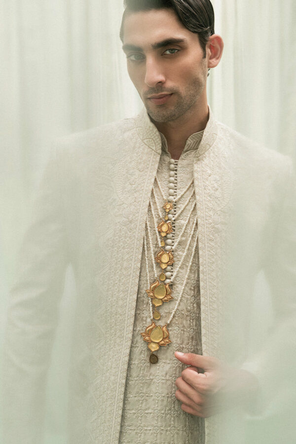 Pakistani Jamawar Gold Sherwani for Groom