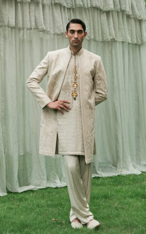 Pakistani Jamawar Gold Sherwani for Groom in Open Style