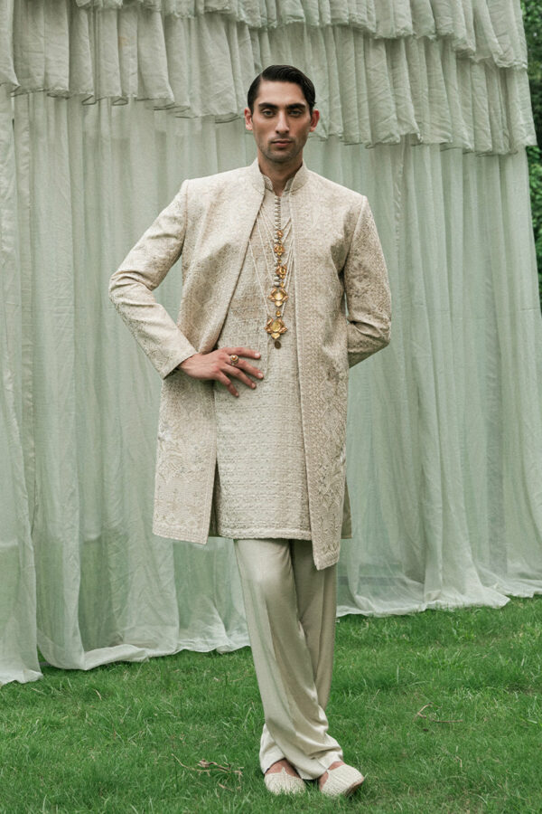 Pakistani Jamawar Gold Sherwani for Groom in Open Style