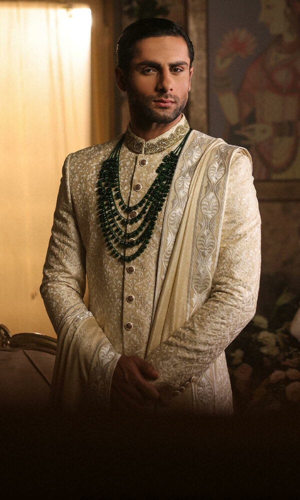 Pakistani Off White Raw Silk Sherwani and Shawl