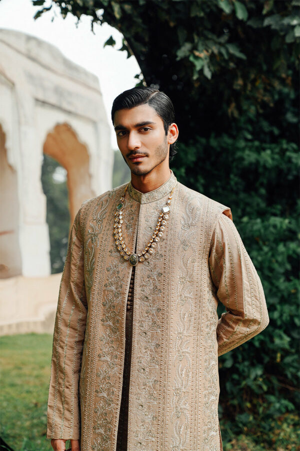 Pakistani Wedding Embellished Golden Sherwani for Groom