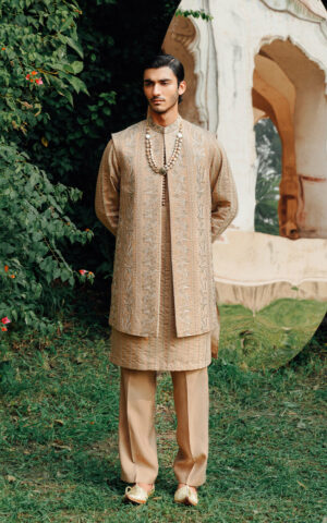 Pakistani Wedding Embellished Golden Sherwani for Groom Online