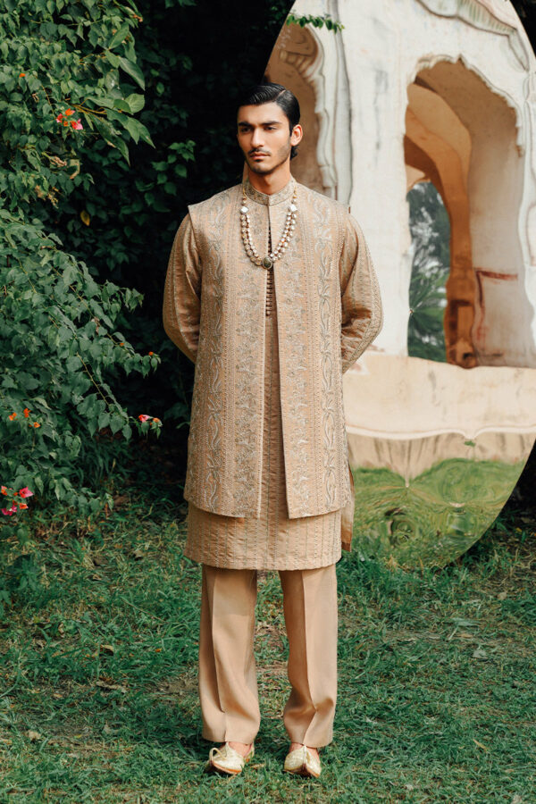 Pakistani Wedding Embellished Golden Sherwani for Groom Online