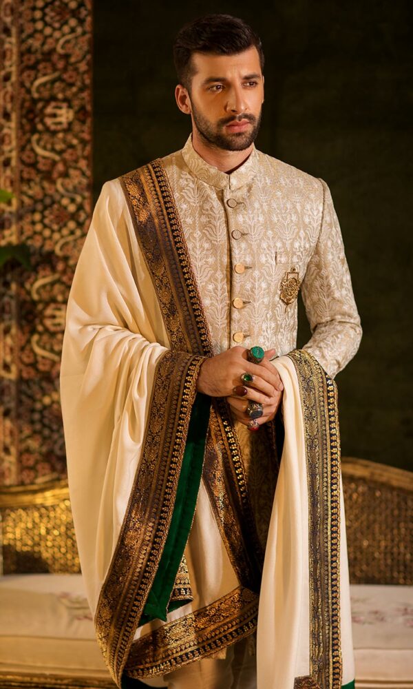 Pakistani Wedding Golden Sherwani for Groom