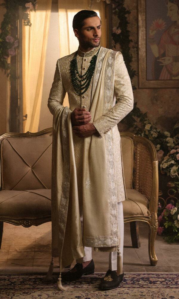 Pakistani Wedding Off White Raw Silk Sherwani