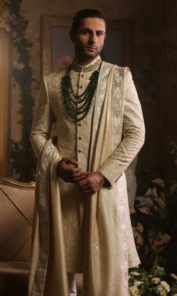 Pakistani Wedding Off White Raw Silk Sherwani with Shawl