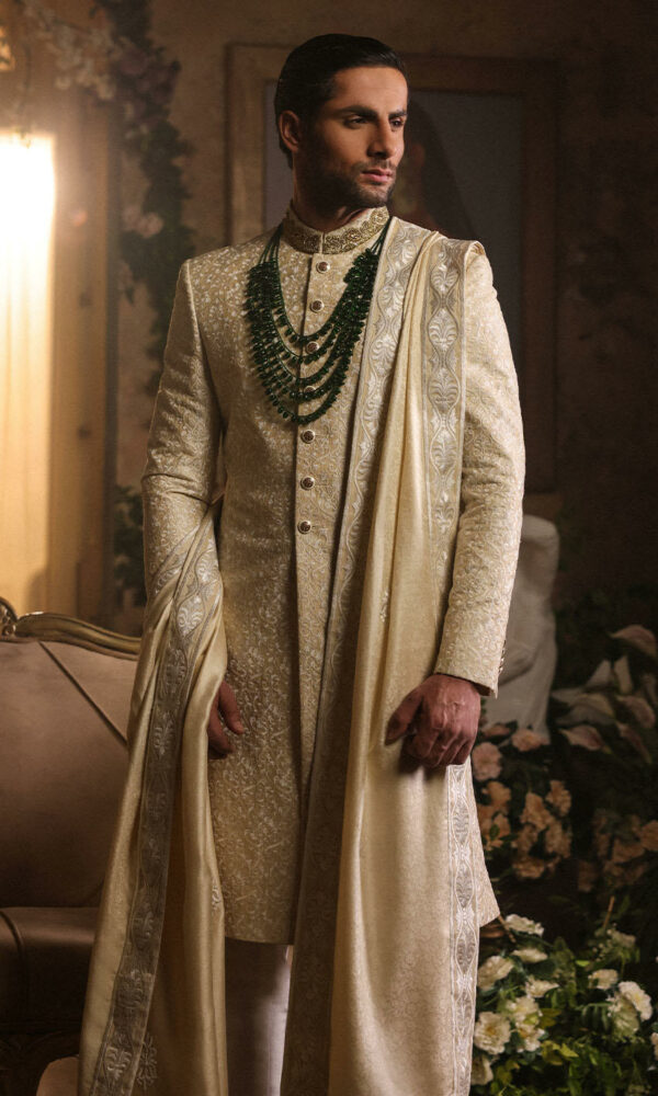 Pakistani Wedding Off White Sherwani and Shawl