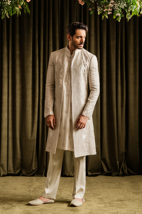 Pakistani Wedding Open Off White Sherwani for Groom