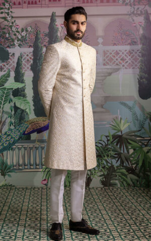 Pakistani Wedding Raw Silk Ivory Sherwani for Groom