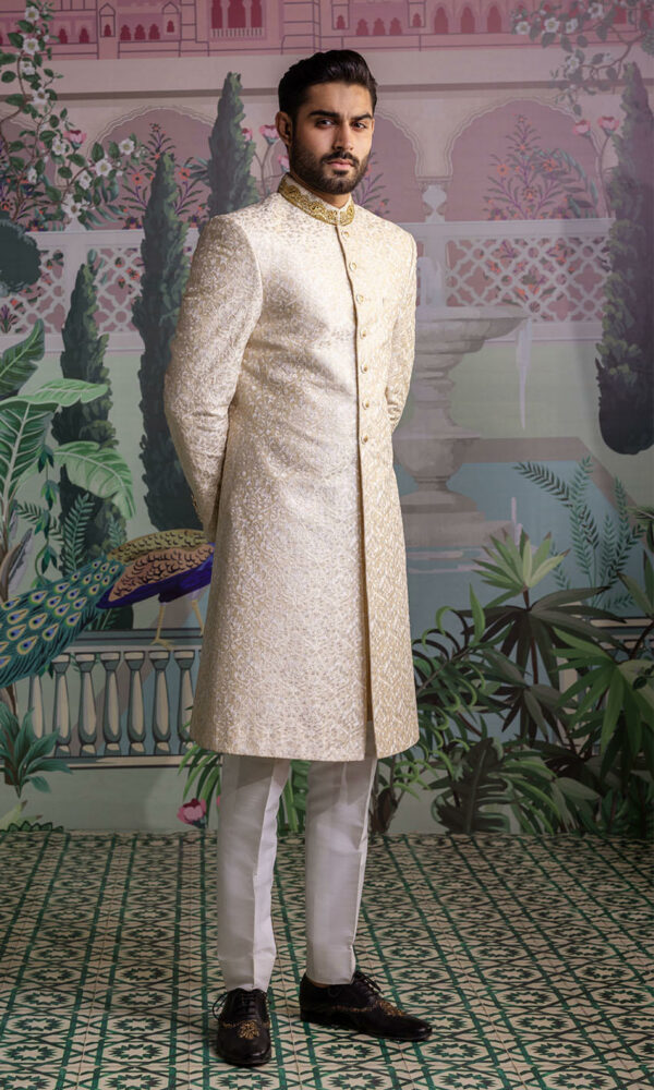 Pakistani Wedding Raw Silk Ivory Sherwani for Groom