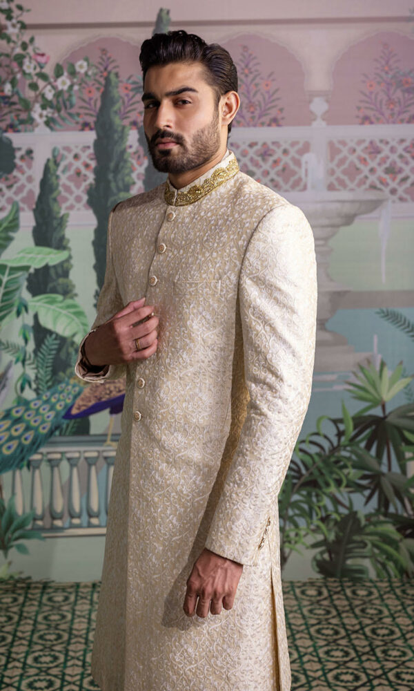 Pakistani Wedding Raw Silk Ivory Sherwani for Groom Online