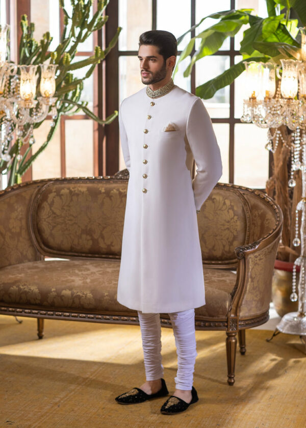 Pearl Heavily Embroidered Raw Silk Pakistani Groom Sherwani