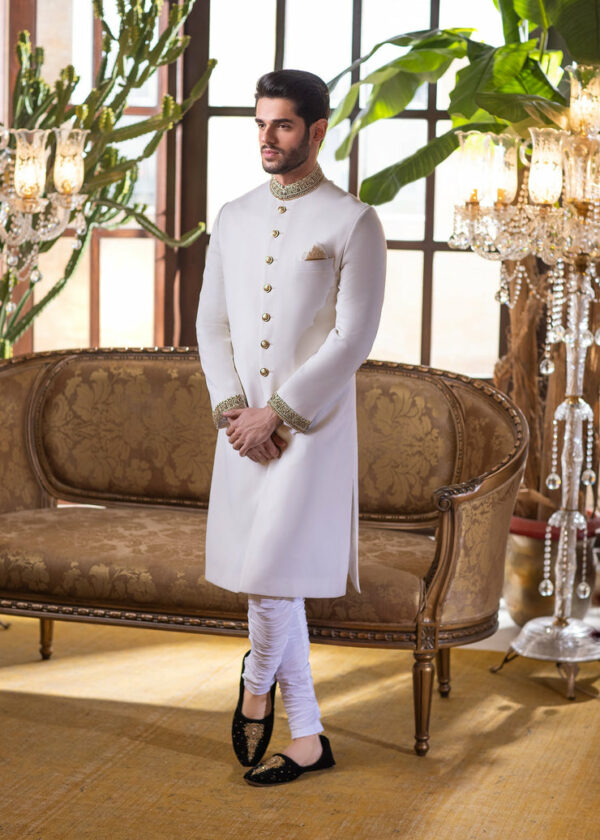 Pearl White Embroidered Raw Silk Pakistani Groom Sherwani