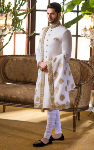 Pearl White Heavily Embroidered Raw Silk Pakistani Groom Sherwani