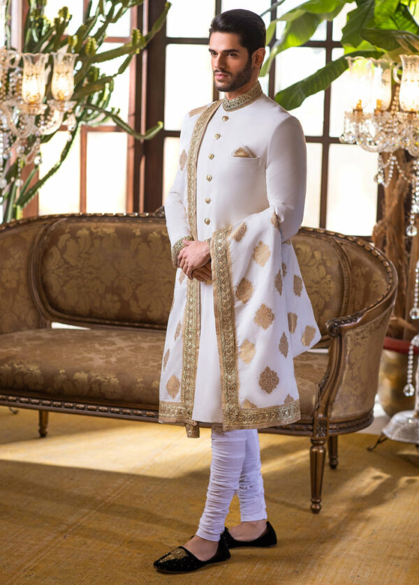 Pearl White Heavily Embroidered Raw Silk Pakistani Groom Sherwani