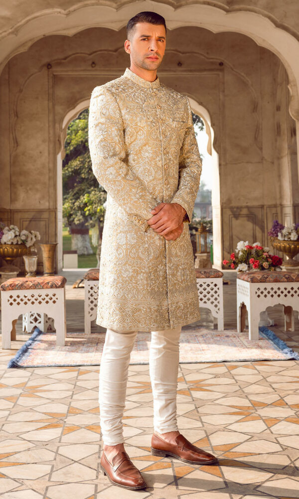 Premium Fawn Color Sherwani Pakistani Groom Outfit