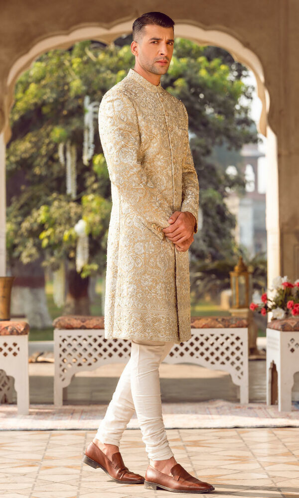 Premium Fawn Color Sherwani Pakistani Groom Outfit Online