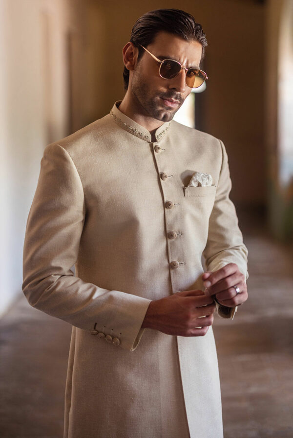 Premium Khaddar Beige Sherwani and Qulla Pakistani Groom Dress