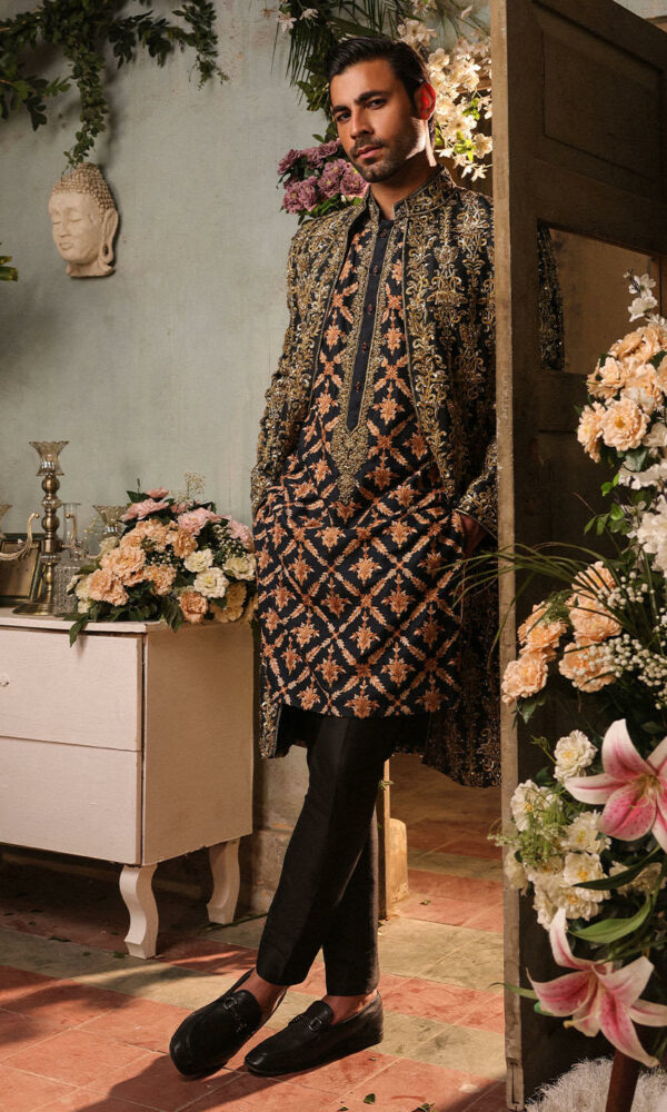 Premium Pakistani Groom Dress in Raw Silk Black Sherwani Style