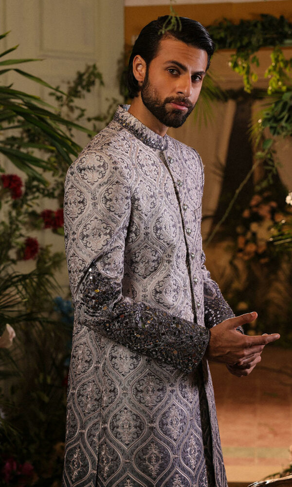 Premium Pakistani Groom Dress in Raw Silk Grey Sherwani Style